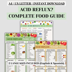 May include: A downloadable food guide for acid reflux, available in A4 and US Letter sizes. It features a 7-day meal plan, shopping list, and lists of safe and trigger foods. Includes English and Spanish versions.