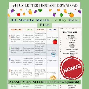 May include: A colourful meal plan with the text "30-Minute Meals - 7 Day Meal Plan" and "2 LANGUAGES INCLUDED (English & Spanish)". The plan includes breakfast, lunch, dinner, and snack ideas with a shopping list.