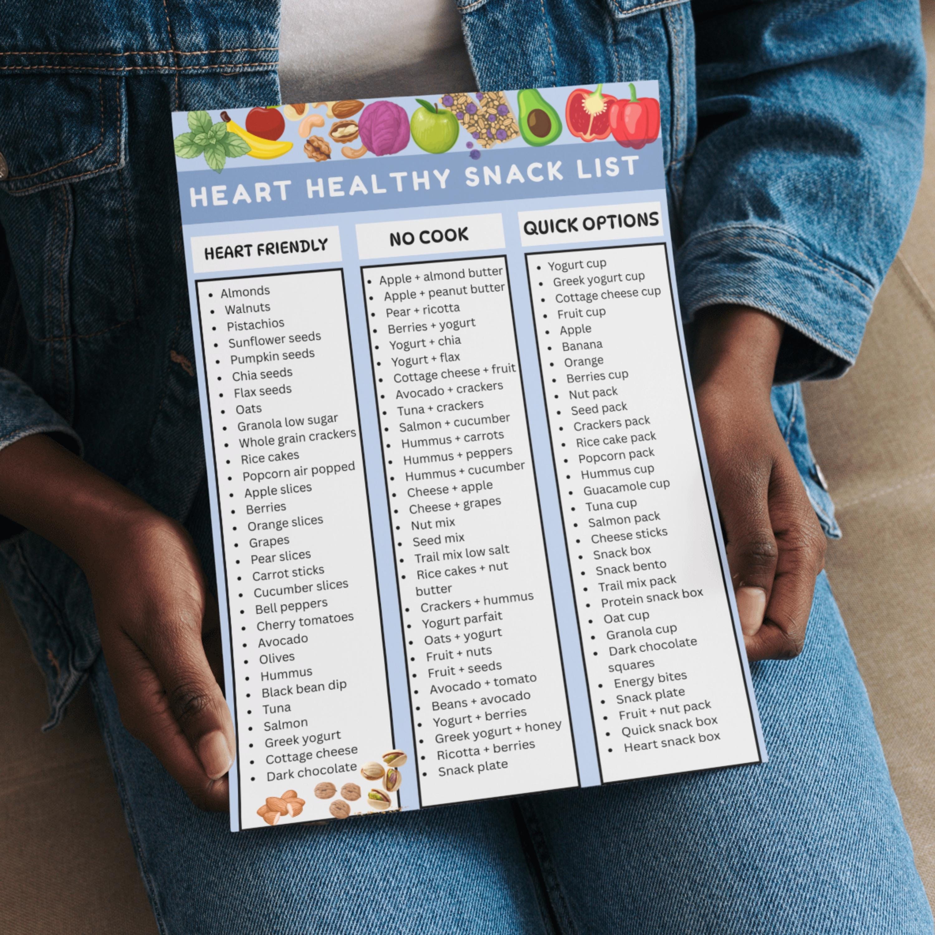 Heart Healthy Snack List Printable, No Cook Heart Snacks, Quick Snack ...