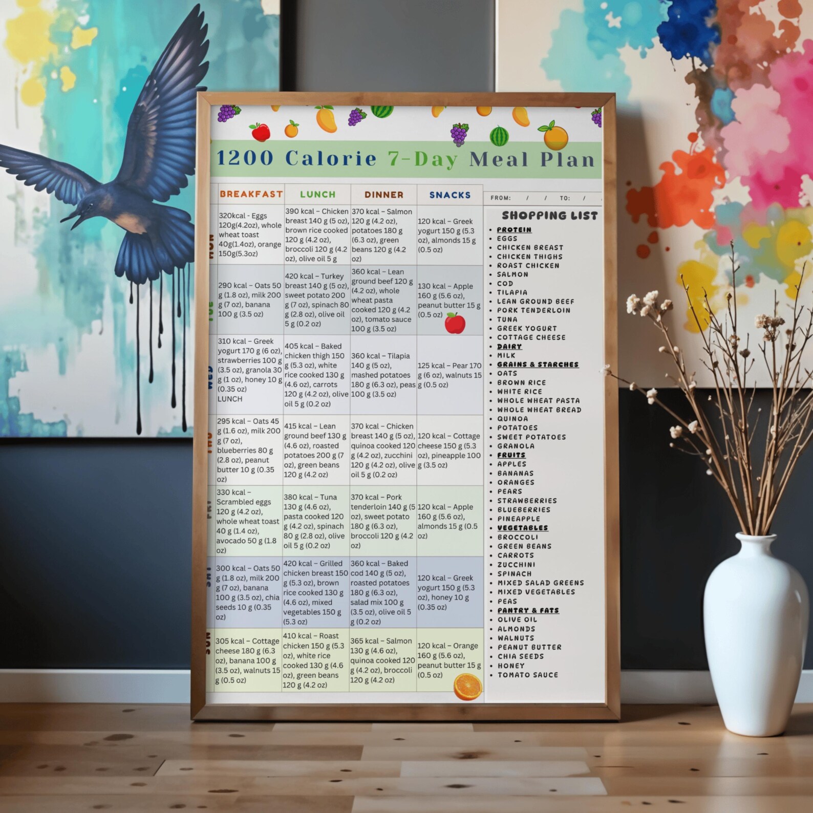 7 Day 1200 Calorie Meal Plan Printable, Weekly Weight Loss Menu With ...