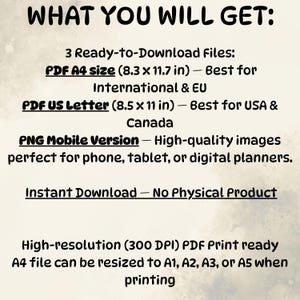 May include: Text on a cream-colored background reads "WHAT YOU WILL GET:" followed by details about downloadable files, including PDF A4 size (8.3 x 11.7 in), PDF US Letter (8.5 x 11 in), and PNG Mobile Version. It also states "Instant Download - No Physical Product."