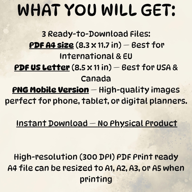 May include: Text on a cream-colored background reads "WHAT YOU WILL GET:" followed by details about downloadable files, including PDF A4 size (8.3 x 11.7 in), PDF US Letter (8.5 x 11 in), and PNG Mobile Version. It also states "Instant Download - No Physical Product."