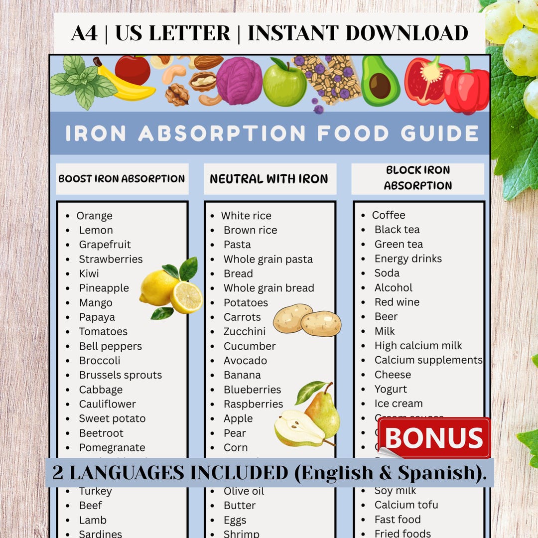 Iron Absorption Food Guide Printable PDF, What Helps or Blocks Iron ...