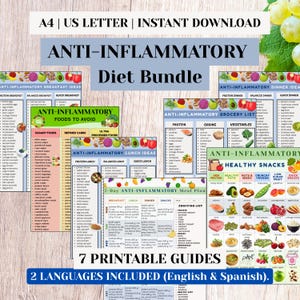 Anti Inflammatory Diet Bundle, Foods to Avoid, Snacks, Breakfast, Lunch, Dinner, Meal Plan, Grocery List, English Spanish PDF