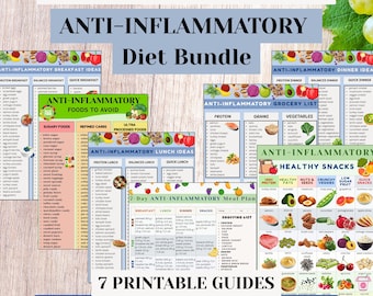 Anti Inflammatory Diet Bundle, Foods to Avoid, Snacks, Breakfast, Lunch, Dinner, Meal Plan, Grocery List, English Spanish PDF