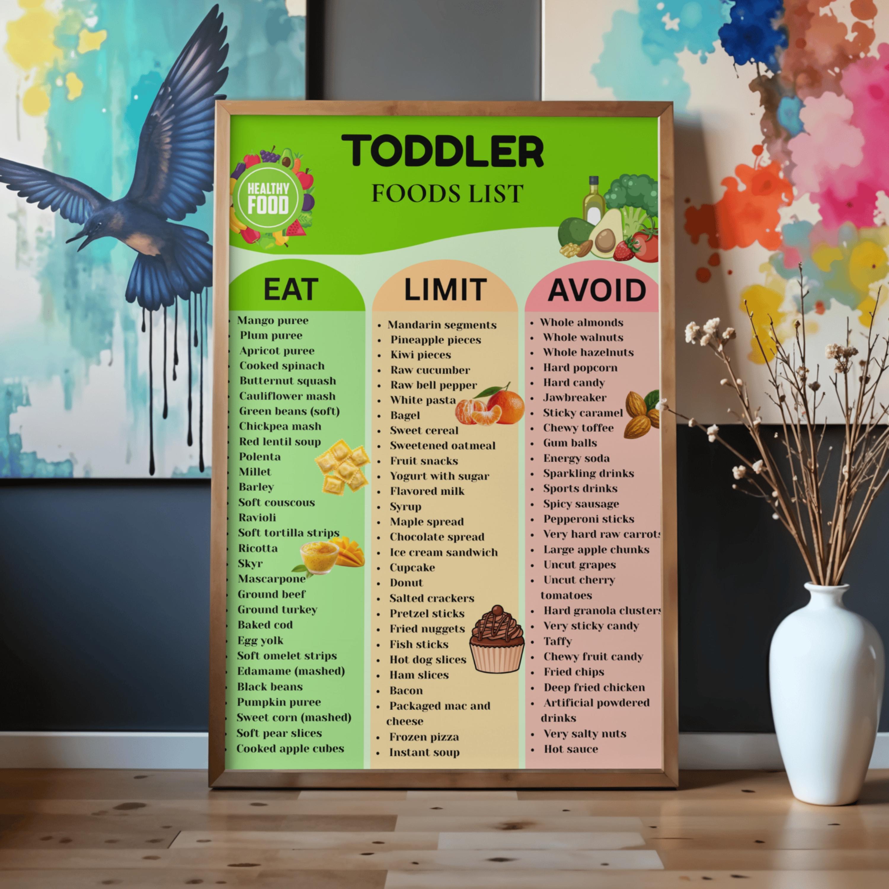 Toddler Food List Printable 1-3 Years, Eat Limit Avoid Chart for ...