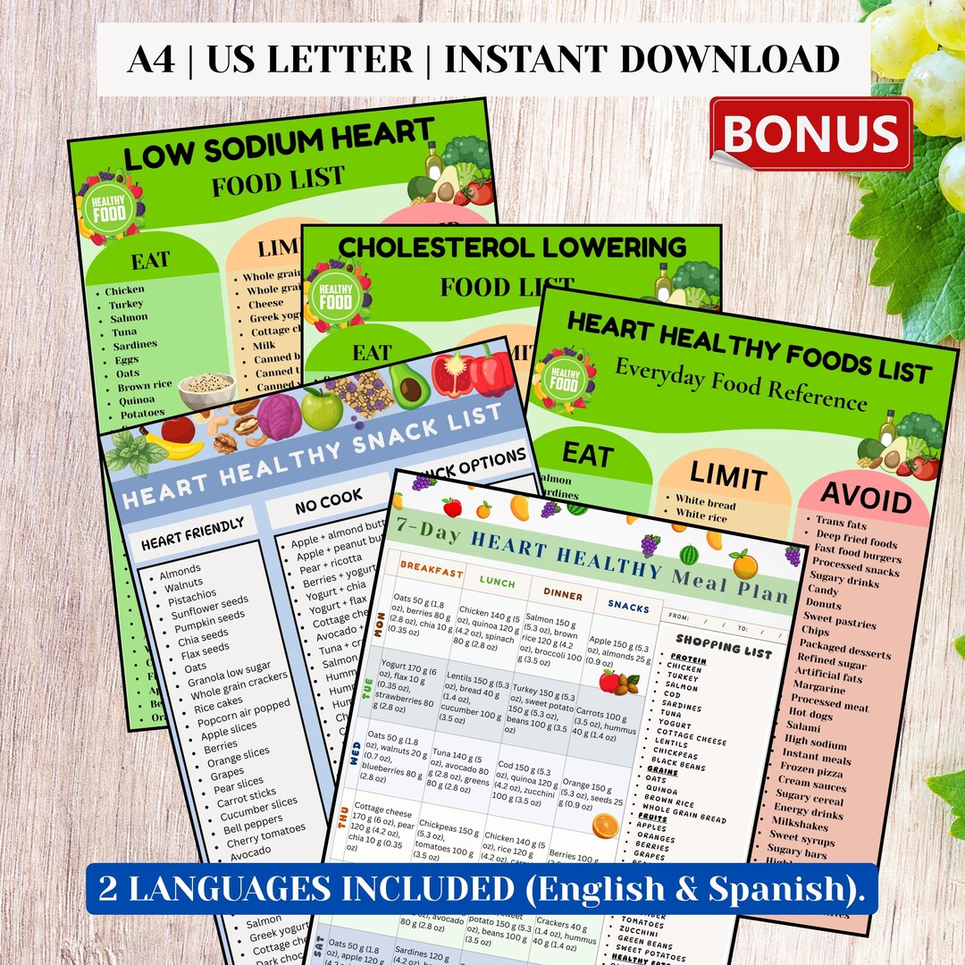 Heart Healthy Printable Bundle, Meal Plan Snack List Low Sodium ...