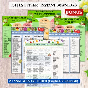 Endometriosis Bundle for Women, Food Lists Meal Plan Snack Guide Grocery List Printable English Spanish