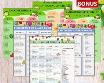 Endometriosis Bundle for Women, Food Lists Meal Plan Snack Guide Grocery List Printable English Spanish