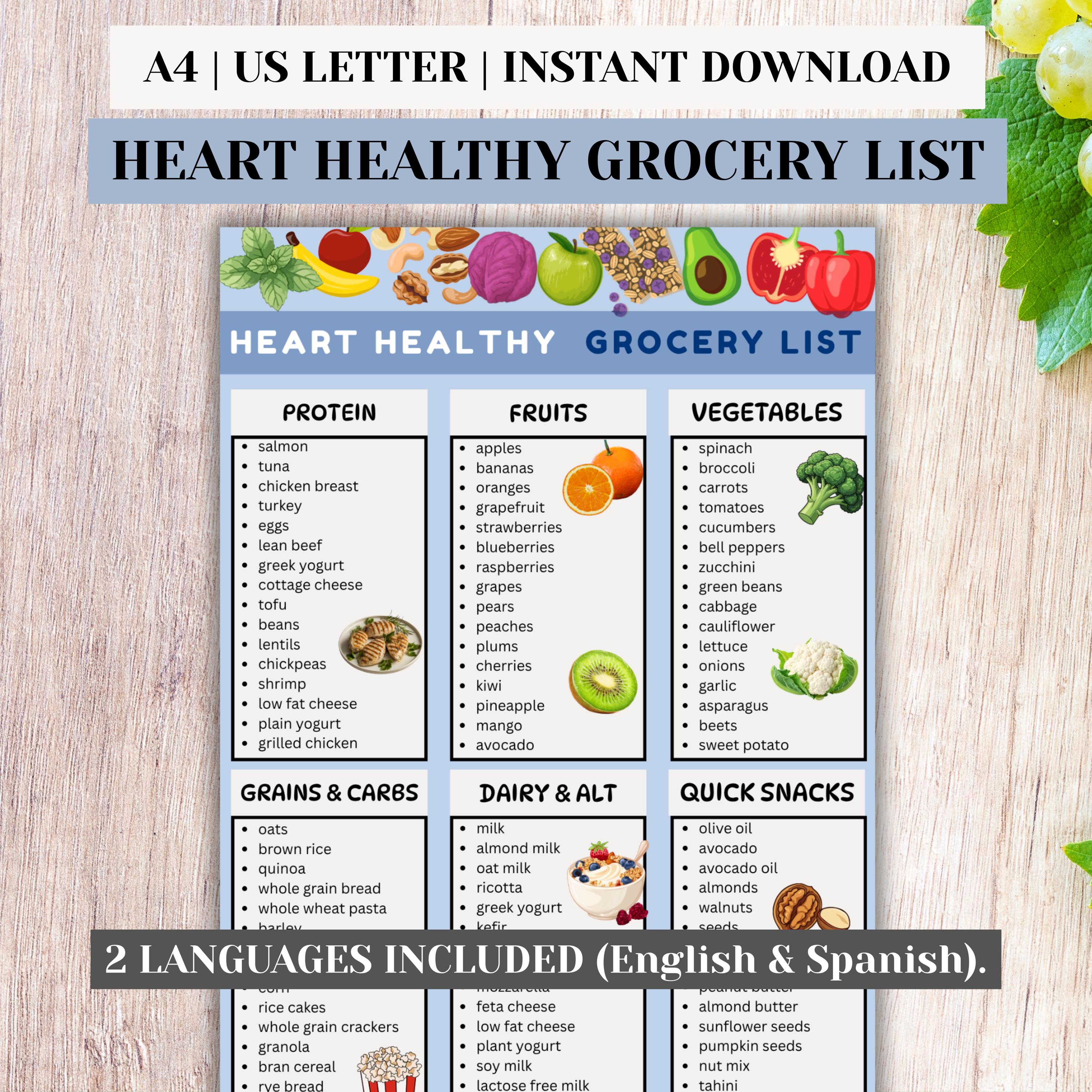 Heart Healthy Grocery List Printable EN ES, Heart Diet Food Shopping ...