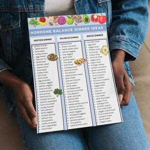 May include: A white paper with the title "Hormone Balance Dinner Ideas" lists meal suggestions categorized as Protein Dinner, Balanced Dinner, and Quick Dinner. The paper is held by a person wearing a denim jacket.
