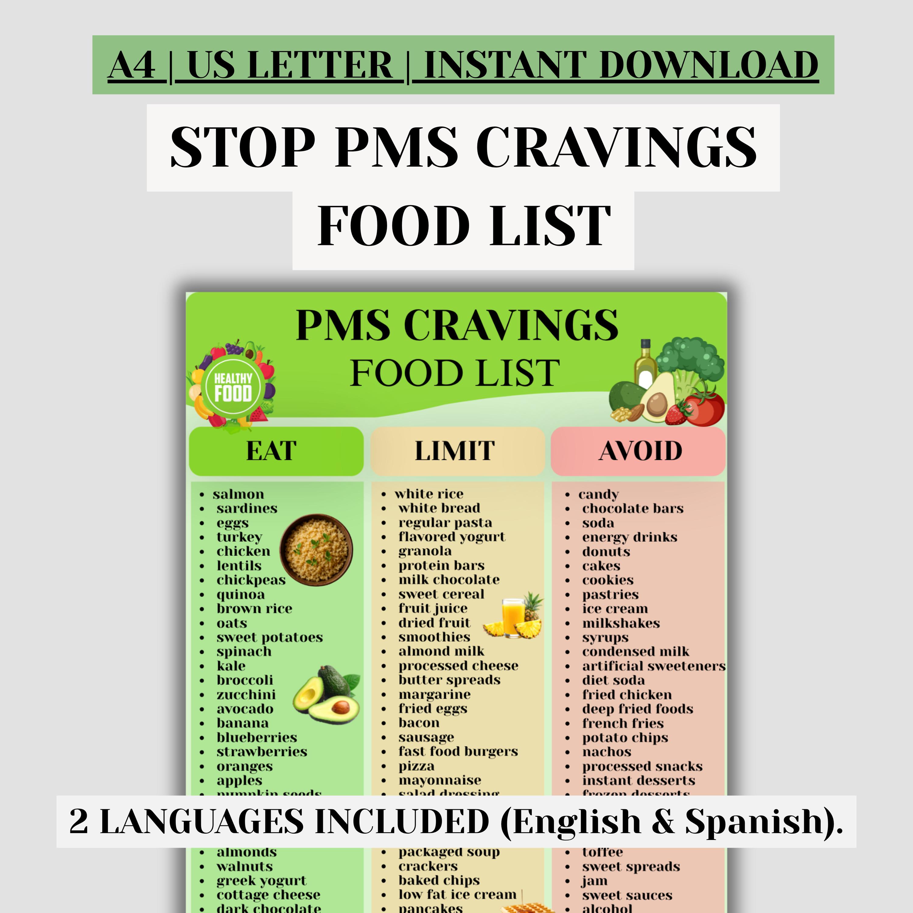 Pms Cravings PMS Cravings Food List Bilingual Printable, Stop Sugar Cravings ...
