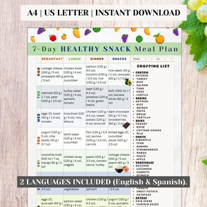 May include: A colorful 7-Day Healthy Snack Meal Plan, featuring a shopping list and meal suggestions for breakfast, lunch, dinner, and snacks. Includes measurements in ounces and a variety of food items.