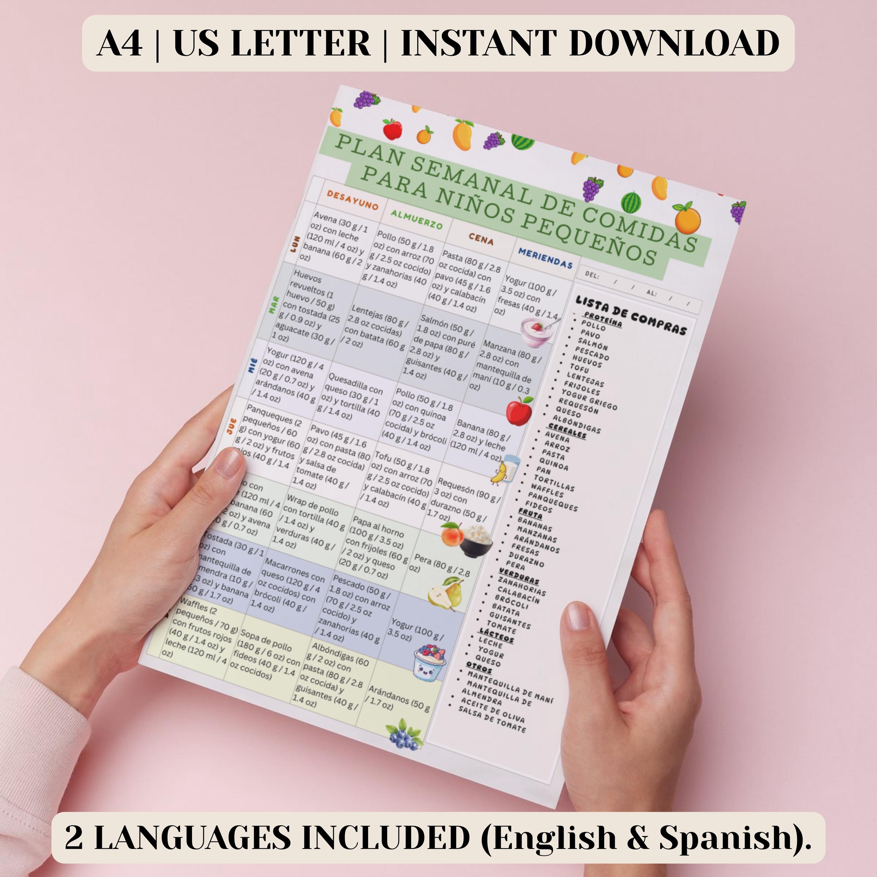 Toddler Weekly Meal Plan Printable, 1-3 Years Kids Menu With Portions ...