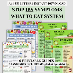 IBS & Bloating Bundle Printable en es, Safe Foods Guide, Low FODMAP Food List, Meal Plan, Grocery List and Snacks for IBS Relief