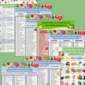 May include: A colorful infographic with text in Spanish, detailing meal ideas and a shopping list for hormonal balance. It includes sections on breakfast, lunch, dinner, and snacks, with images of various foods.