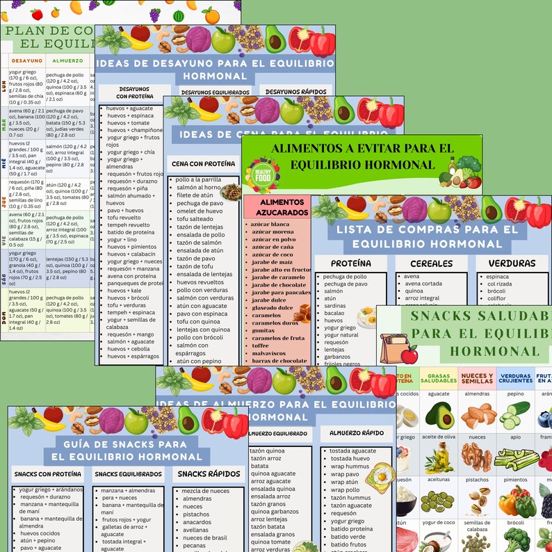 May include: A colorful infographic with text in Spanish, detailing meal ideas and a shopping list for hormonal balance. It includes sections on breakfast, lunch, dinner, and snacks, with images of various foods.