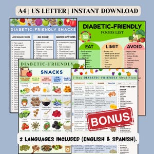 Diabetic Friendly Printable Bundle PDF, Snack Chart, Food List, 7 Day Meal Plan with Shopping List, English Spanish