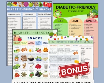 Diabetic Friendly Printable Bundle PDF, Snack Chart, Food List, 7 Day Meal Plan with Shopping List, English Spanish