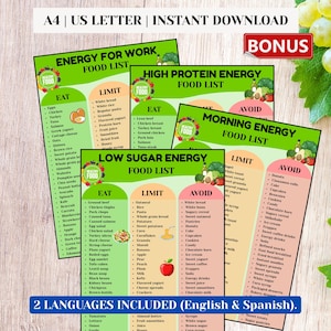 Afdrukbare bundel energievoedsel, eetlimietvermijdingsdiagrammen voor werkstudie 's ochtends en energie met weinig suiker, Engels Spaans pdf