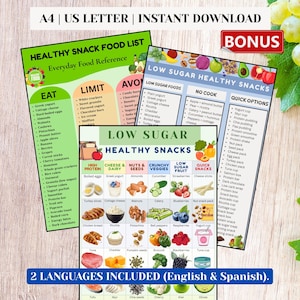 Healthy Snack Printable Bundle, Low Sugar Snack Charts, Eat Limit Avoid Food List, Snack Planning Kit, English Spanish PDF image 1