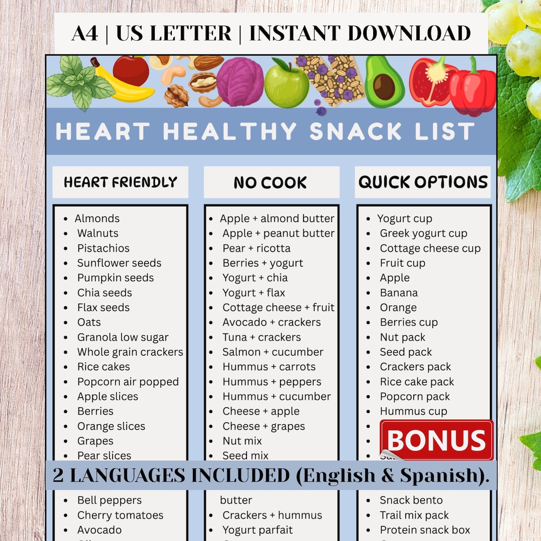Heart Healthy Snack List Printable, No Cook Heart Snacks, Quick Snack ...