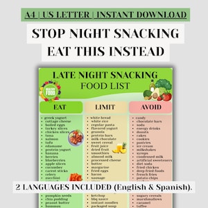 Lista de Alimentos para Lanches Noturnos Bilíngue para Imprimir, Pare de Comer à Noite, Controle os Desejos Noturnos, Guia de Lanches Saudáveis em PDF
