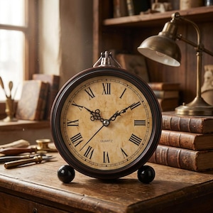 Puede incluir: Un reloj de cuarzo redondo de estilo antiguo con un marco marrón oscuro y una esfera crema con números romanos negros. El reloj descansa sobre dos pequeñas esferas negras y está sobre una superficie de madera.