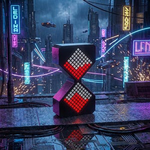 May include: A futuristic hourglass with a black and red geometric design, set against a cityscape with neon signs and flying vehicles. The hourglass has a digital display with red and white squares. The scene is set in a rainy environment.