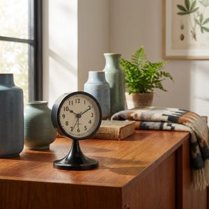 Może przedstawiać: Czarny zegar analogowy z kremową tarczą i czarnymi cyframi. Zegar stoi na czarnej podstawie. Zegar stoi na drewnianej powierzchni z dekoracyjnymi wazonami i paprocią w tle.