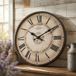 Stor väggklocka i trä med romerska siffror, vintage lantlig bambudekor, tyst kvartsurverk