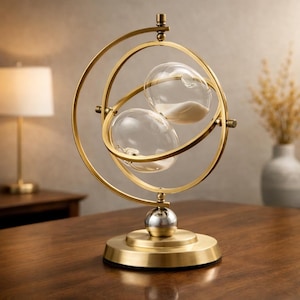 Könnte beinhalten: Dekorative Sanduhr mit goldfarbenem Metallrahmen und -sockel. Zwei klare Glaskugeln halten weißen Sand, eingebettet in ein kreisförmiges Design. Die Sanduhr ist ein stilvolles Wohnaccessoire.