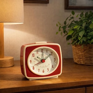 Pode incluir: Um despertador vermelho e creme de estilo retrô, com um mostrador quadrado e cantos arredondados. O relógio tem um mostrador branco com algarismos e ponteiros pretos e um ponteiro de segundos vermelho. Está sobre uma superfície de madeira, sugerindo um quarto ou sala de estar.