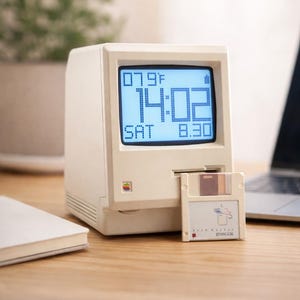 Könnte beinhalten: Eine Digitaluhr im Retro-Stil, die wie ein alter Computer geformt ist. Die blaue Anzeige zeigt Uhrzeit, Datum und Temperatur an. Eine kleine Diskette ist eingesetzt. Die Uhr ist cremefarben.