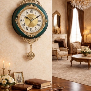 Peut inclure: Une horloge murale avec un cadre vert et doré, affichant des chiffres romains sur un cadran doré. L'horloge a un pendule décoratif et est fixée sur un mur à motifs. La scène comprend une table avec des livres et une photo encadrée, et un lustre.