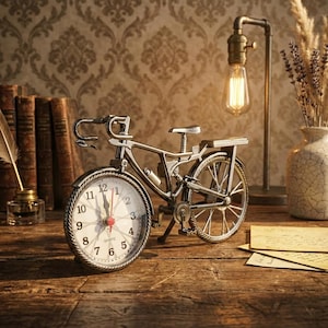 May include: A silver bicycle-shaped clock with a white clock face and black numerals. The clock has a red second hand and sits on a wooden surface. A vintage lamp and vase are in the background. The clock is a decorative item.