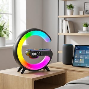 May include: A black, G-shaped smart lamp with a rainbow LED light display. The lamp features a wireless charging pad for a smartphone and a digital clock displaying 08:58. The lamp is on a wooden nightstand, with a smart speaker and tablet nearby.