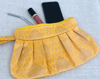 Yellow Silk Brocade Clutch- Paisly Dot  - Party Bag Wedding Party Gifts Cosmetic Bag Phone Wallet Purse Wrist Strap Simple Clutch Purse Yell