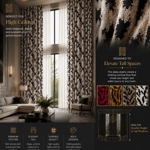 Puede incluir: Cortinas de suelo a techo con un patrón abstracto texturizado en blanco y negro. Los cortinajes cuelgan en pliegues verticales profundos y uniformes sobre ventanas altas. Un primer plano muestra la textura elevada y difusa en tonos negro y crema.