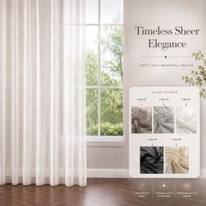 May include: Off-white sheer curtains hang in front of a window. A display shows the text Timeless Sheer Elegance, Soft Light. Beautiful Spaces, and five colour options labelled 27, 29, 34, 46, and 48, alongside icons for lightweight, light filtration, and fabric.