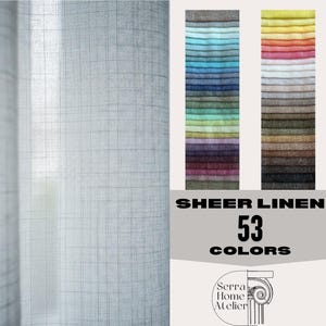 Puede incluir: Muestras de tela de lino transparente en varios colores, con un patrón de cuadrícula. La imagen muestra una carta de colores con 53 tonos, que van desde azules y verdes hasta morados y marrones. El texto dice "SHEER LINEN 53 COLORS".