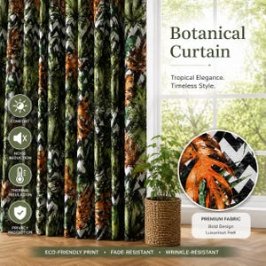 Könnte beinhalten: Ein bodenlanger Vorhang mit einem botanischen Druck aus grünen und orangefarbenen tropischen Blättern auf einem schwarz-weißen Zickzackmuster. Der Text lautet Botanical Curtain, Tropical Elegance, Timeless Style und Premium Fabric.