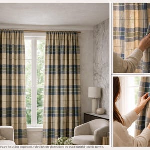 以下が含まれることがあります： ベージュとブルーのチェック柄のカーテンが部屋に展示されています。カーテンは、青、緑、ベージュの水平ストライプのチェック柄です。画像には、生地のクローズアップが含まれています。
