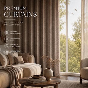 Puede incluir: Cortinas marrones de primera calidad con el texto "PREMIUM CURTAINS" y "TIMELESS ELEGANCE FOR EVERY HOME". Las cortinas están junto a una ventana con vistas a árboles y pájaros. Un sofá beige, una mesa de centro y un jarrón están en primer plano.