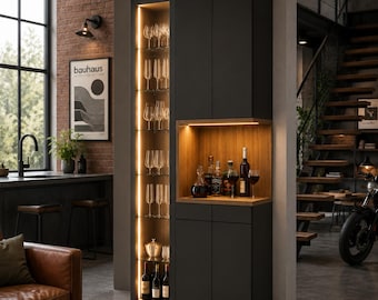 Modern MDF Coffee Bar Cabinet with LED Glass Display Shelves