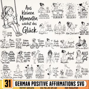 Puede incluir: Una colección de 31 ilustraciones de arte lineal en blanco y negro que muestran varias escenas de personas con frases en alemán como Aus kleinen Momenten wächst das Glück, Träume dürfen fliegen y Alles wird Gut, en formato gráfico digital.