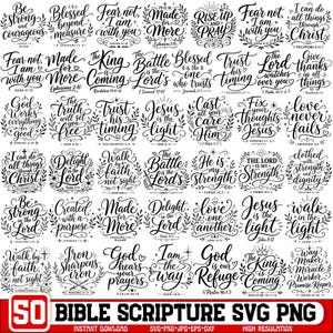 May include: A collection of 50 black and white digital designs featuring various Bible verses and religious phrases in decorative calligraphy, surrounded by floral and leaf motifs, with the text 50 BIBLE SCRIPTURE SVG PNG at the bottom.
