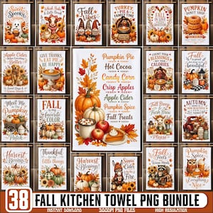 May include: A collection of rectangular kitchen towels featuring autumn-themed illustrations, including pumpkins, fall foliage, woodland animals, and seasonal text like Pumpkin Pie, Fall Vibes, and Harvest Blessings, arranged in a grid layout.