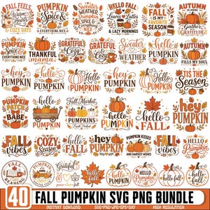 May include: A digital collection of 40 autumn-themed graphic designs featuring pumpkins, fall leaves, and seasonal typography such as Fall Feels, Pumpkin Spice, Hello Fall, and Fall Vibes, presented in a grid layout with orange and brown tones.