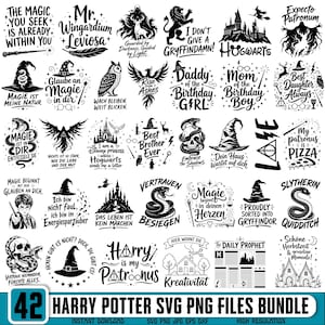 May include: A collection of 42 black and white digital graphic designs featuring wizarding-themed illustrations, including castles, snakes, skulls, owls, and sorting hats, accompanied by various English and German text phrases.